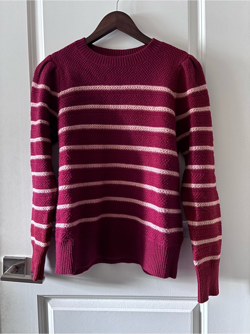 Fat Face Burgundy and Cream Striped Crewneck Sweater